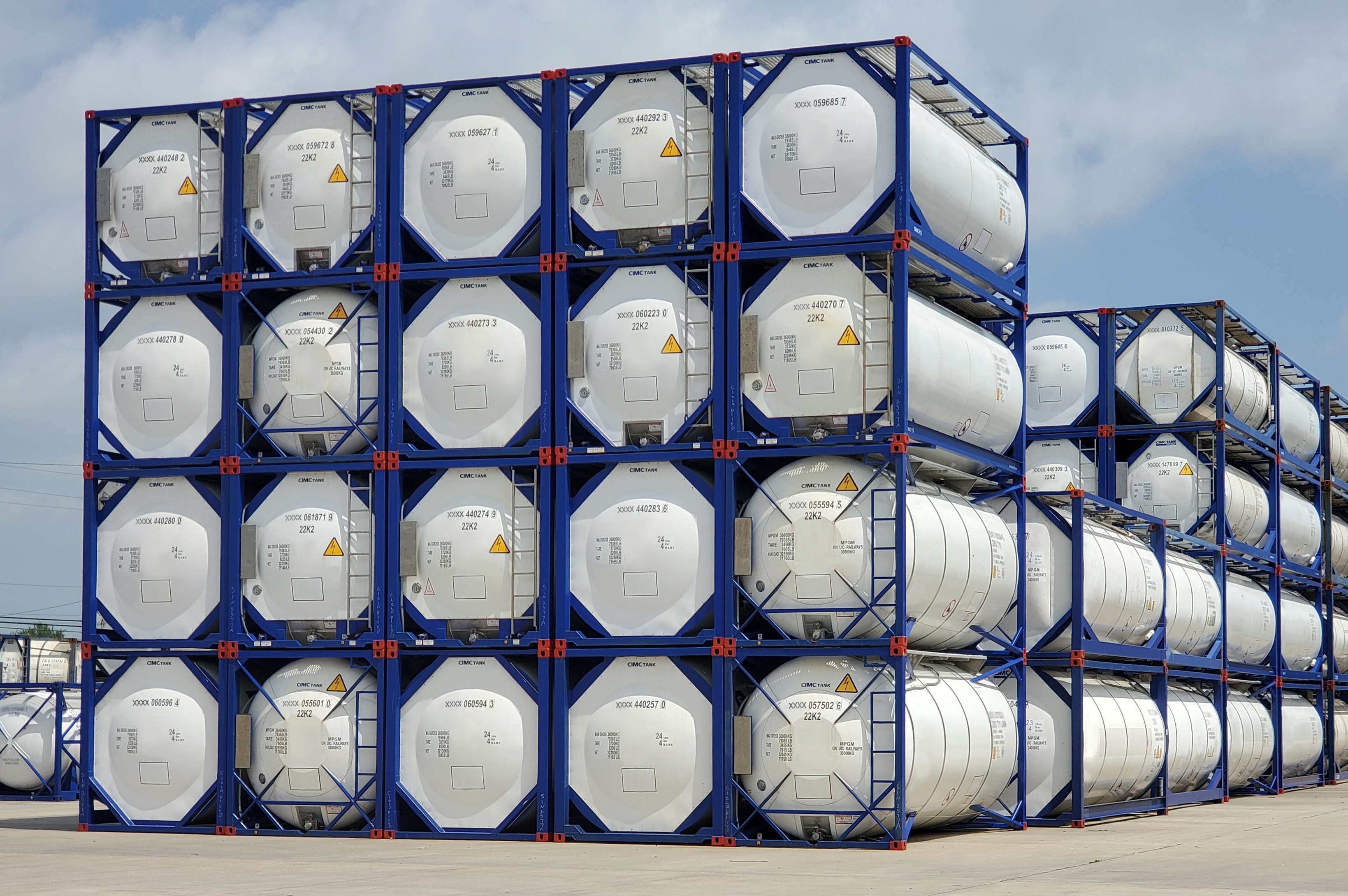 Stack of ISO tanks for shipping liquid
